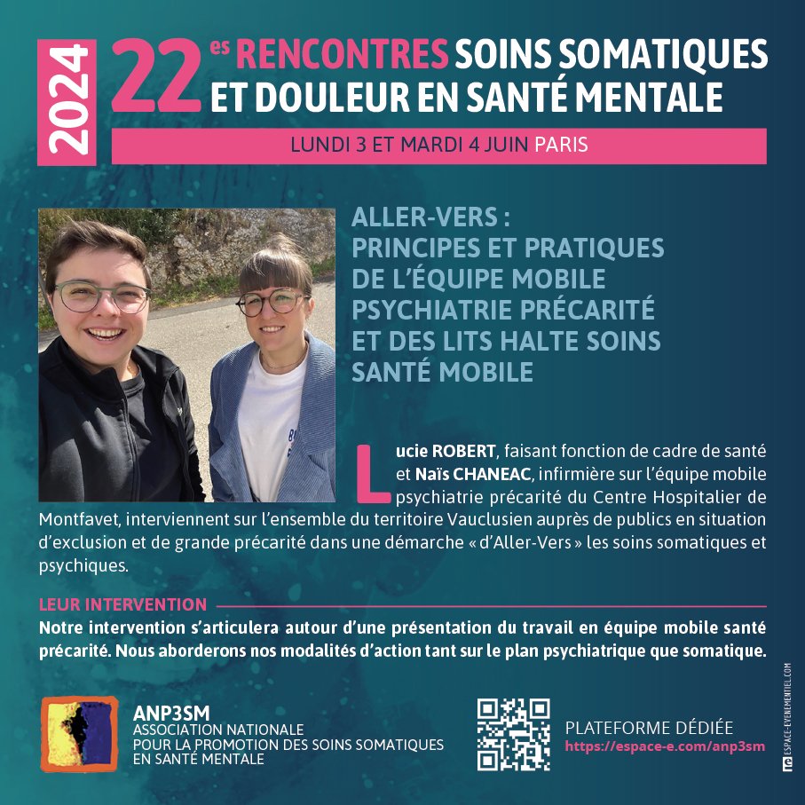 Mme Robert et Mme Chanéac du CH Montfavet seront présentes sur la session précarité au 22e rencontre ANP3SM 2024 qui auront lieu le 3 et 4 juin à Paris.

Retrouvez le programme, répondez à notre appel à poster et inscrivez-vous sur lnkd.in/ecemm.J3M

A très vite !