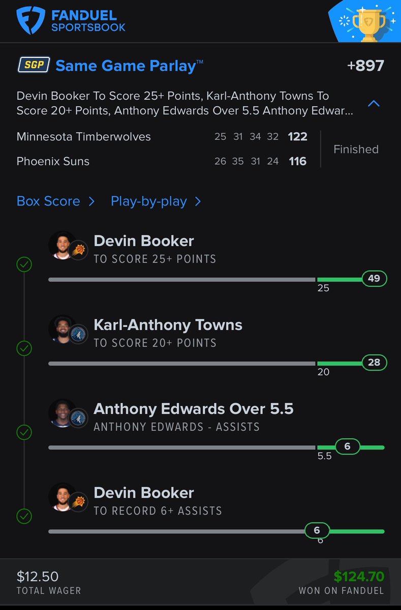 919Sharps's tweet photo. @SmoovesLocks Playoff Smoove stayed HOT yesterday🔥
He cashed…
TJ McConnell o10.5 PA✅💰
Lopez/Nesmith 3 3’s Lay +604✅💰
Oubre/Anunoby 15 Pts Lay +721✅💰
Suns/Wolves SGP +897✅💰
Suns/Wolves SGP +955✅💰 https://t.co/syuYyttnYw