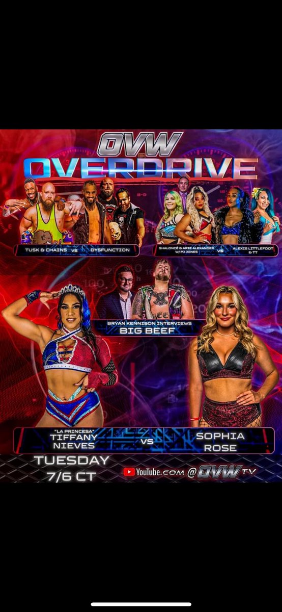 Don’t miss this week’s <a href="/ovwrestling/">OVW Wrestling</a> overdrive it’s going to be action packed tomorrow night headline by ladies action!!!

<a href="/ArieAlexanderAA/">Arie Alexander</a> and <a href="/Shalonce_Royal/">Shaloncé Royal</a> vs TT and <a href="/YungLittlefoot/">Alexis Littlefoot - The Big Flexer💲</a> 

@Theofficialtw3 and Donovan Cecil vs dysfunction 

La Princesa <a href="/TiffanyNieves_/">Tiffany Nieves | Wrestler 🇵🇷</a> vs Sophia Rose
