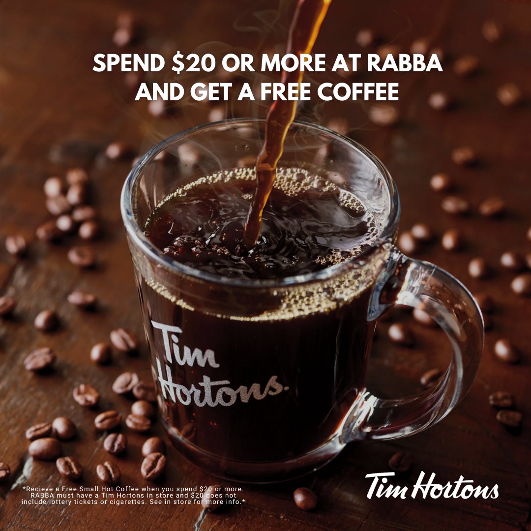 It's time for a coffee. Spend $20 or more with us and receive a small Tim Hortons coffee absolutely FREE!☕️

#hereforyou #neighbourhoodrabbas #coffee #timhortons