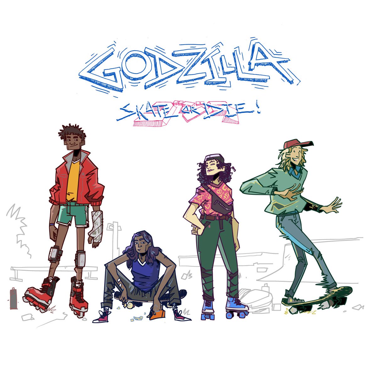 Meet the (non Kaiju) cast of #GodzillaSkateorDie! Jimmy, Sushi, Jules and Rolly. The Coin Toss Crew! Issue 1 drops June 12th and FOC is this Sunday so let ya local comic store know you want a copy and pls help spread the word! 🦖🛼🛹🛼🛹🦖 #comics #godzilla #skating #read
