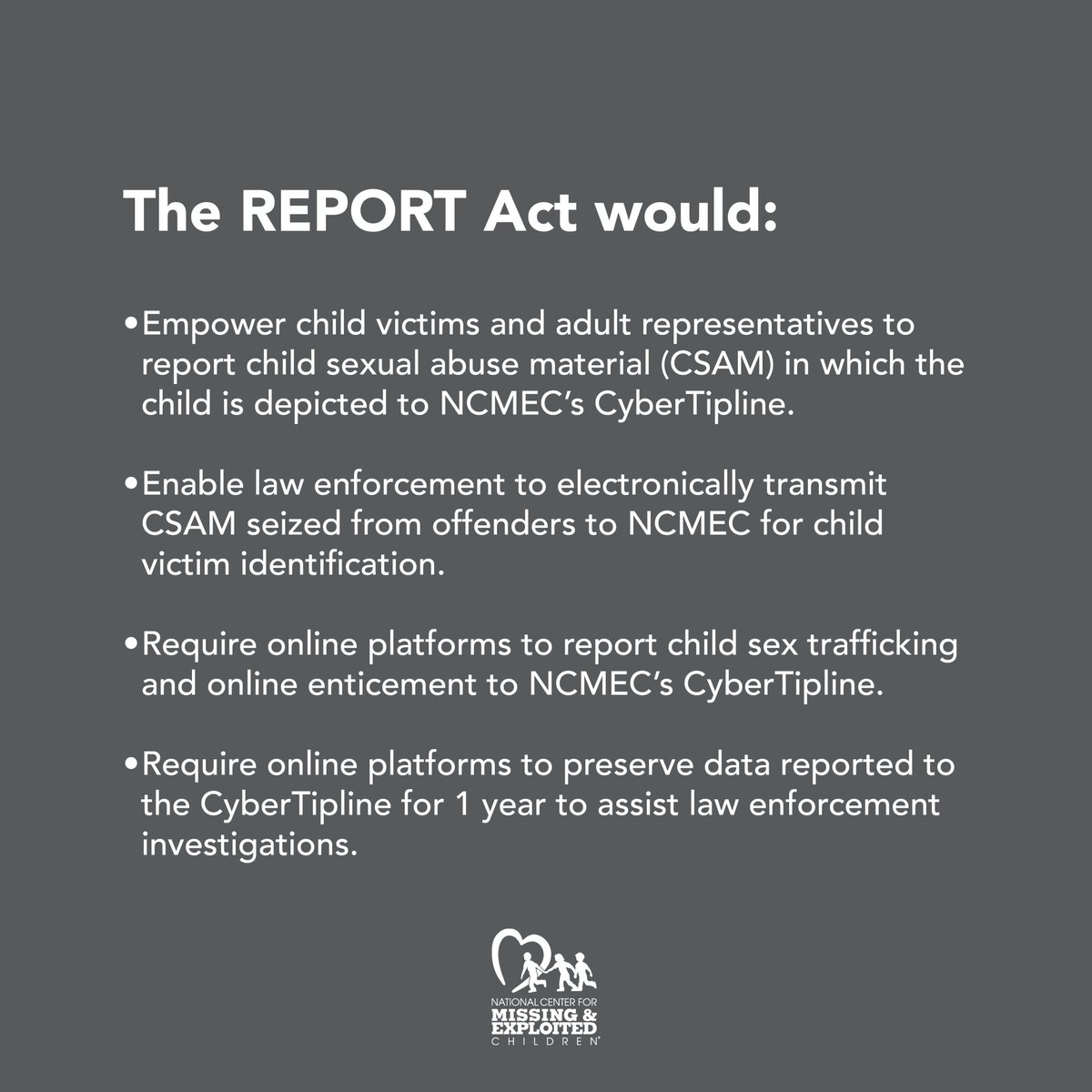 NCMEC is pleased to see the House pass the REPORT Act! Thank you to @RepLaurelLee, @RepMMM, @RepDean, @RepSusieLee, and all who supported this critical legislation. The REPORT Act will create significant improvements in online child safety. NCMEC encourages the White House to…