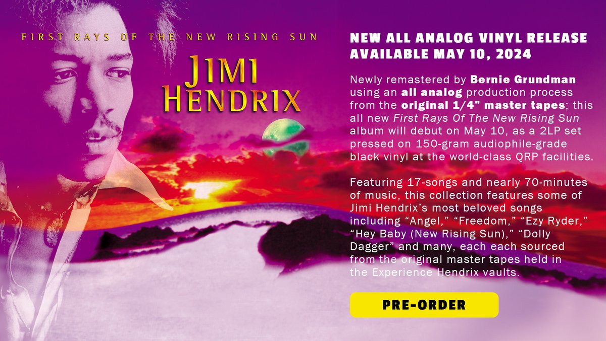 Newly mastered using an all-analog production process sourced from the original 1/4” master tapes; this all-new First Rays Of The New Rising Sun album will debut on May 10 as a 2LP set pressed on 150-gram audiophile-grade vinyl. Pre-Order from jimihendrix.lnk.to/FROTNRSAN