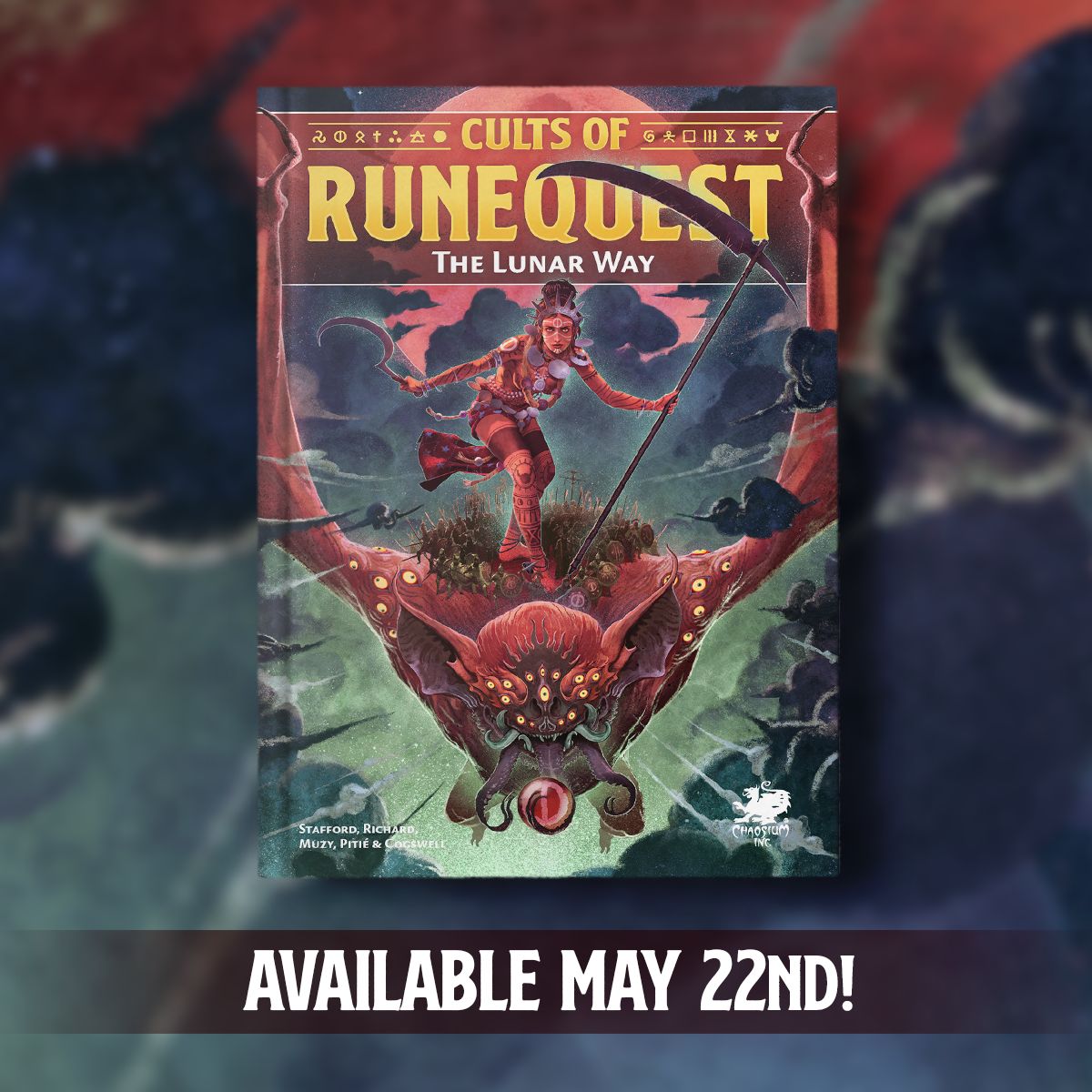 I believe in the Red Goddess, mistress of life and death! Behold the cults of the Lunar Way—releasing in PDF, hardcover, and special leatherette edition May 22nd.