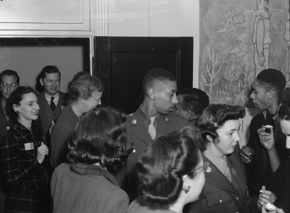 Eleanor Roosevelt at a dance at the Washington Labor Canteen in DC, February 1944. Congressman Charles McKenzie (D-La) was 'shocked' and 'stunned' to see Whites dancing with Blacks. Eleanor told him, essentially, to grow up (Assoc. Press, Feb. 17, 1944). #History