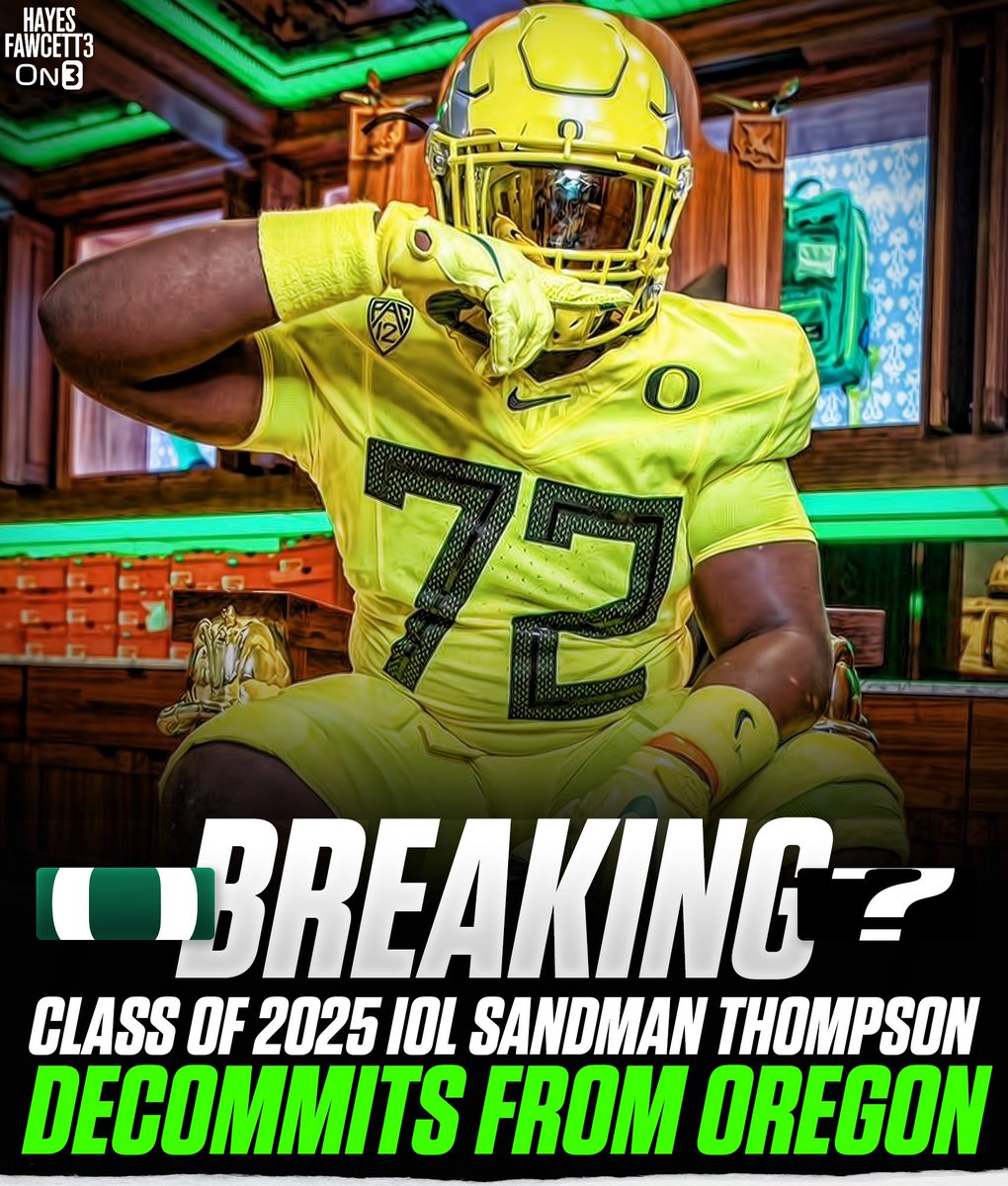 BREAKING: Class of 2025 IOL Sandman Thompson has Decommitted from Oregon, he tells me for @on3recruits The 6’2 300 IOL from Melbourne, FL had been Committed to the Ducks since May Holds a 25+ Offers on3.com/db/sandman-tho…