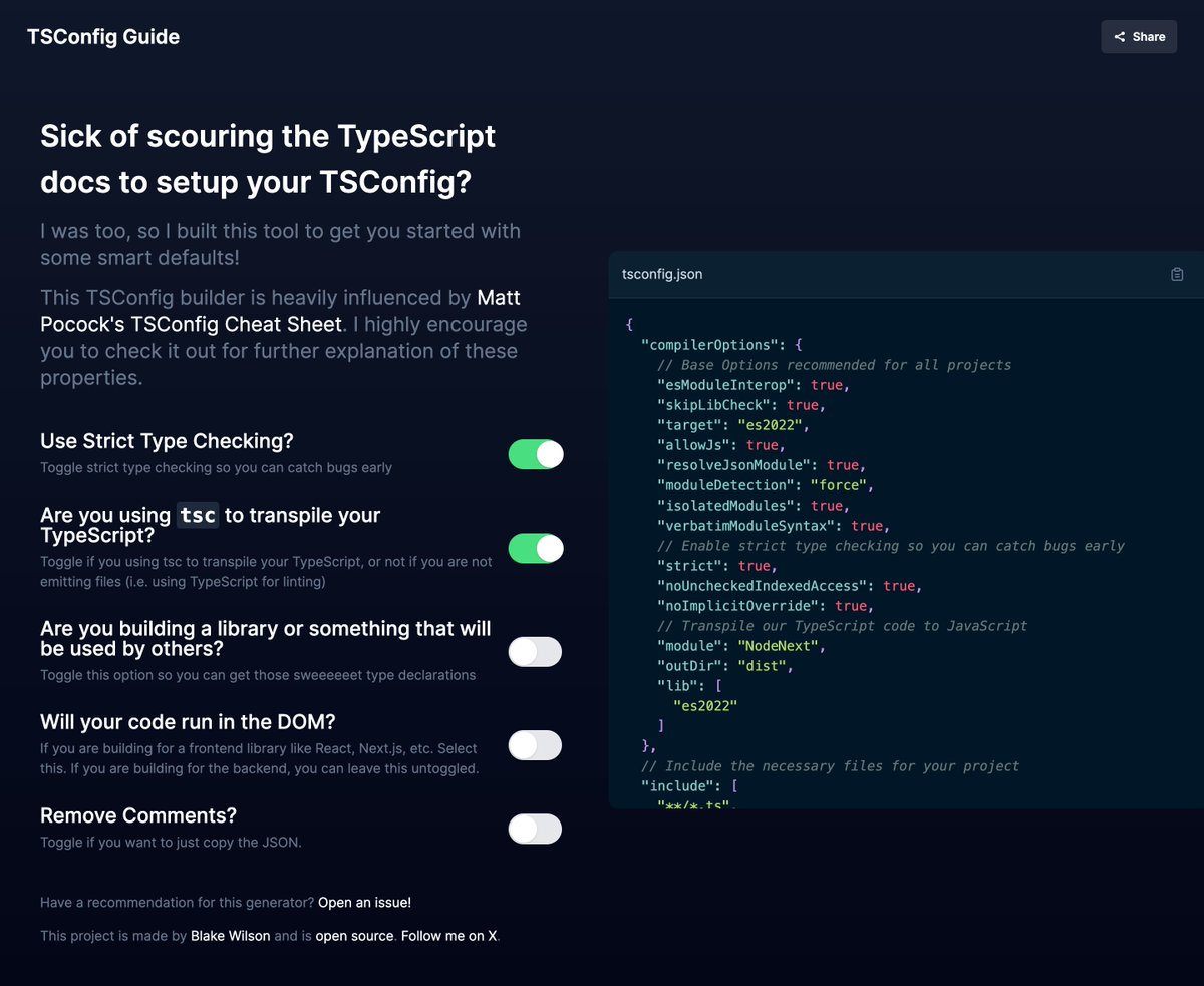 学 typescript 最蛋疼的地方就是 tsconfig 这个配置文件，无限多眼花缭乱看起来不知所云的选项，官方文档也写的不清楚。过一段时间就忘，每次查文档还很痛苦，昨天看到这篇 TSConfig Cheatsheet 觉得非常棒：
totaltypescript.com/tsconfig-cheat…