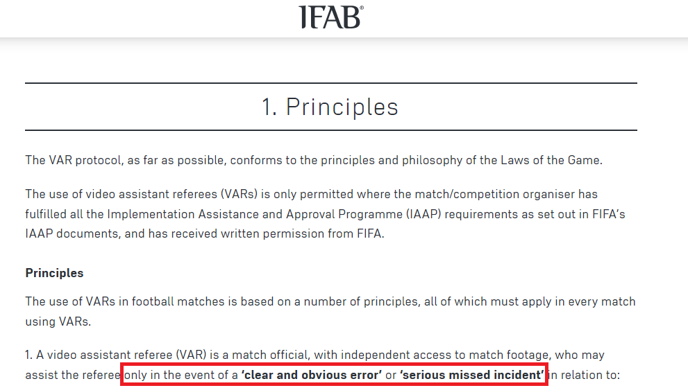 Also @TheIFAB is to blame for not ensuring Refs adhere to a stated Principle of VAR CLEAR & OBVIOUS ERROR SERIOUS MISSED INCIDENT If you need computer graphics to draw lines; an error is neither clear nor obvious. If you're replaying frame by frame; it's not clear, nor obvious.