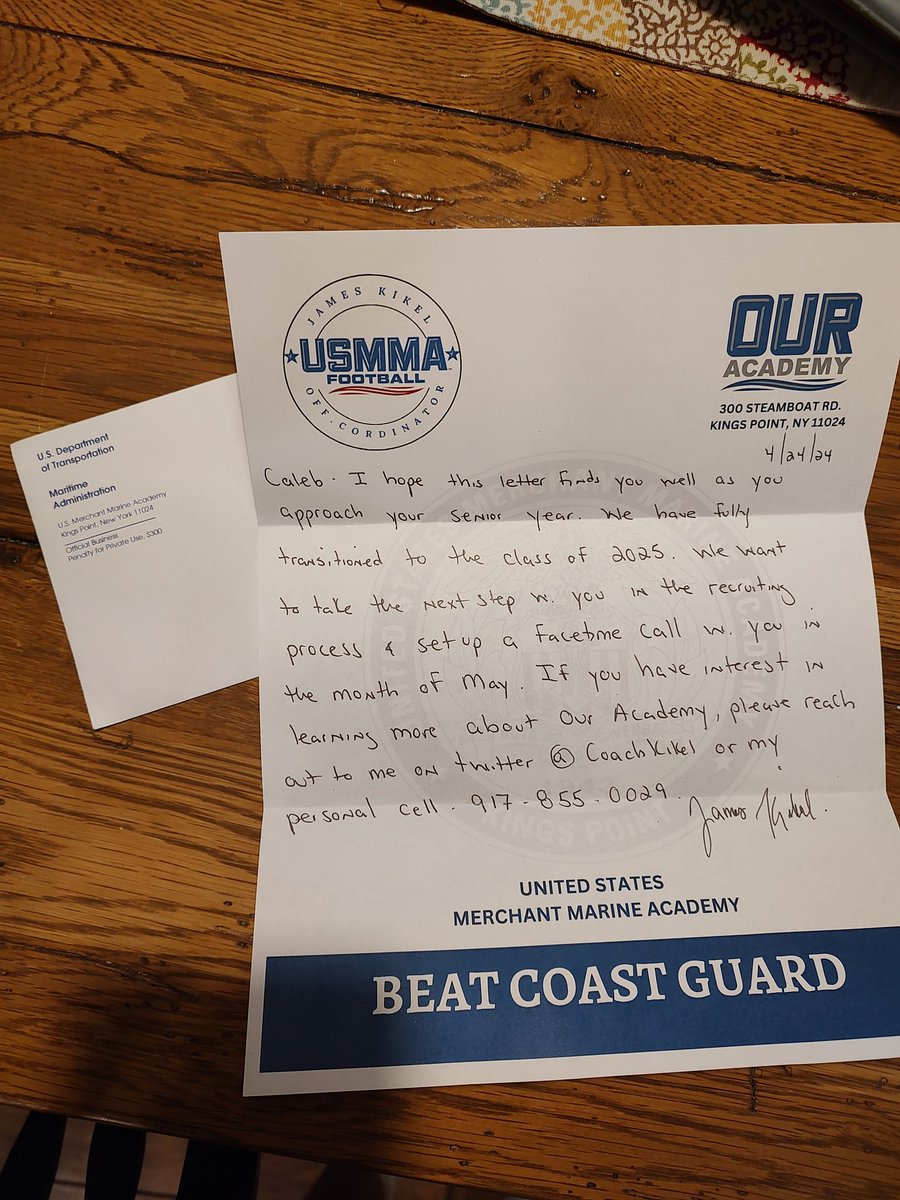 Thank you @CoachKikel for the mail. Excited to keep building this relationship! @USMMAFootball @coach_w_jackson @KadetsFootball