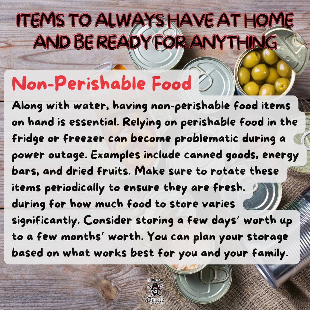 Items to always have at home and be ready for anything.

#gentlemanpirateclub #survival #survivaltips #outdoorlife #emergencypreparedness #emergencytips