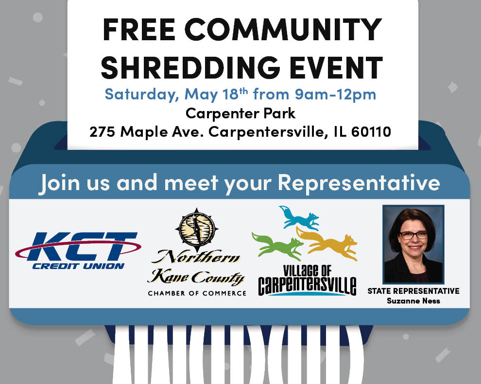 Save the date! Join KCT, @OfficeNess, Northern Kane County Chamber of Commerce, & @Cville_Gov for a community shred event on Saturday, May 18th! Fight ID theft & combat paper clutter by safely disposing of old documents at this event. Donations for @FISHFoodPantry also collected!