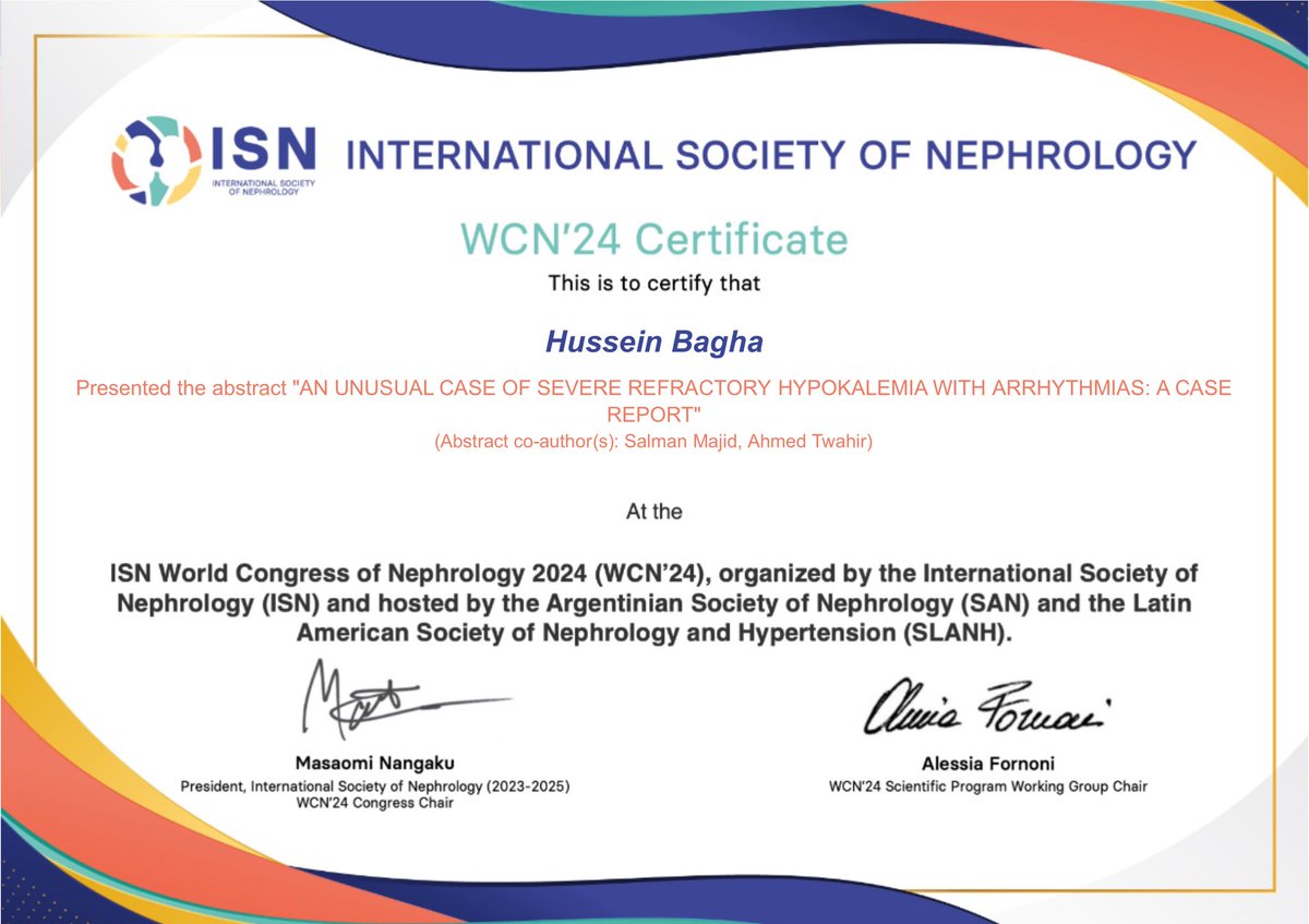 It is an honor to receive a certificate from the World Congress of Nephrology for our poster presentation at the WCN 2024 held at Buenos Aires. 
#nephrology
#education
#improvinglives
#chronickidneydisease