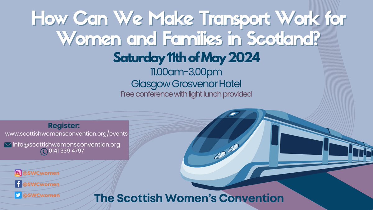 Just under 2 weeks till our FREE conference on 11th May in Glasgow!

We are excited to have the below speakers joining the panel:
🔸Lara Henderson, Community Transport Association 
🔸 Ellie Harrison, Get Glasgow Moving

To register: bit.ly/4aKCdvJ

#SWCTransport24