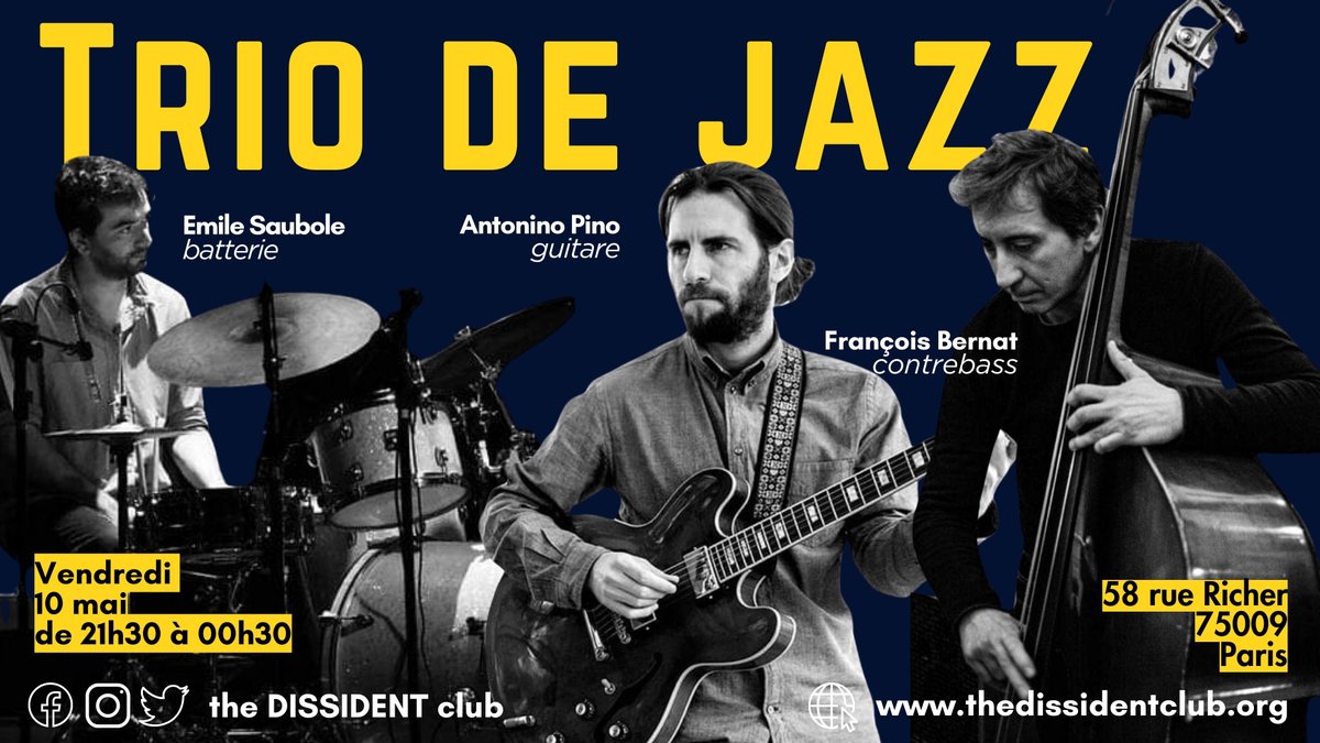 🎷🎵🎶 Le vendredi 10 mai à 21 h 30, nous vous invitons à venir écouter un trio de jazz. Venez vibrer au rythme envoûtant du jazz lors d'une soirée inoubliable. 
Entrée libre ! #jazzconcert #paris