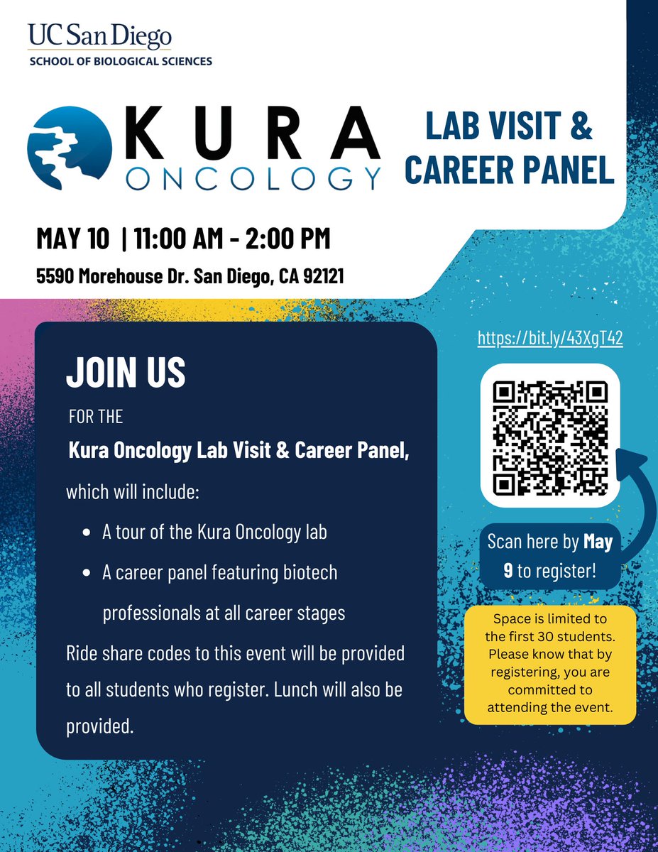 Undergrad Bio students: Please join us at the Kura Oncology lab site tour and lunch on May 10! Space is limited to the first 30 students who register. Register here by May 9: forms.gle/M812PAEfqBpEY3…