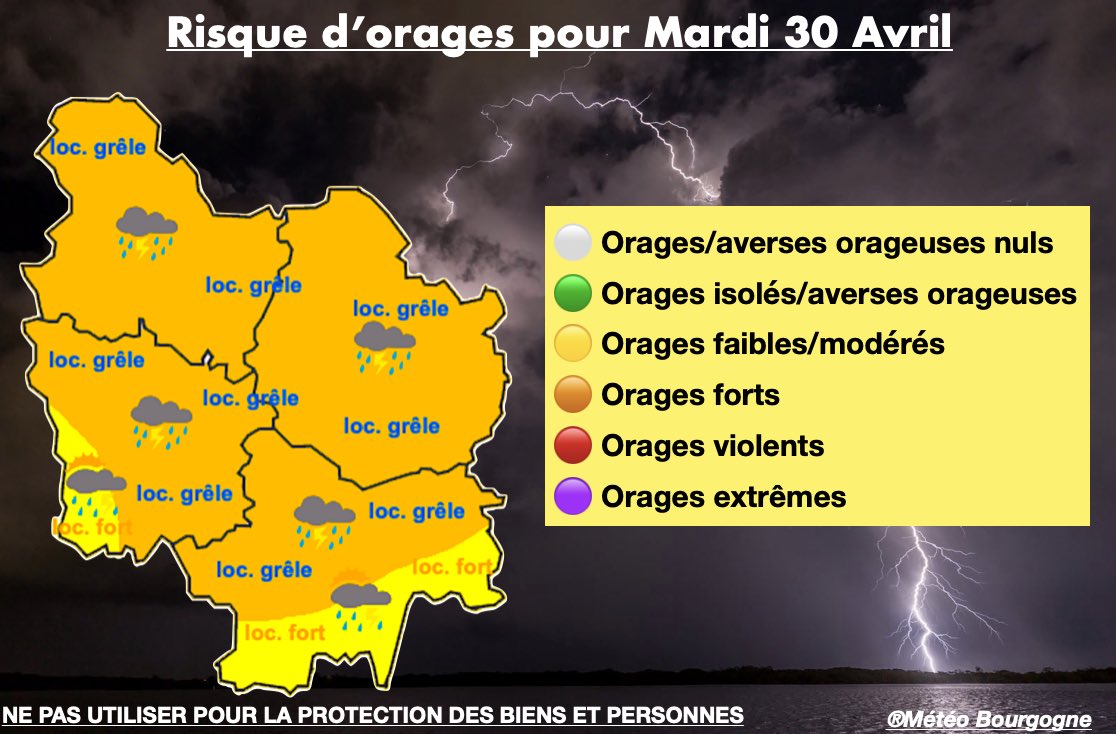 ⚡️⌈#ORAGES⌋

En raison d’une masse d’air instable, des orages forts 🟠(non généralisés) pourront se déclencher en #Bourgogne avec notamment: 

☔️Fortes averses de pluie
🧊Chutes de grêle (loc. 2-3cm)
💨Fortes rafales de vent (60-90km/h)
🌀Loc. supercellules 
⚡️Activité modérée