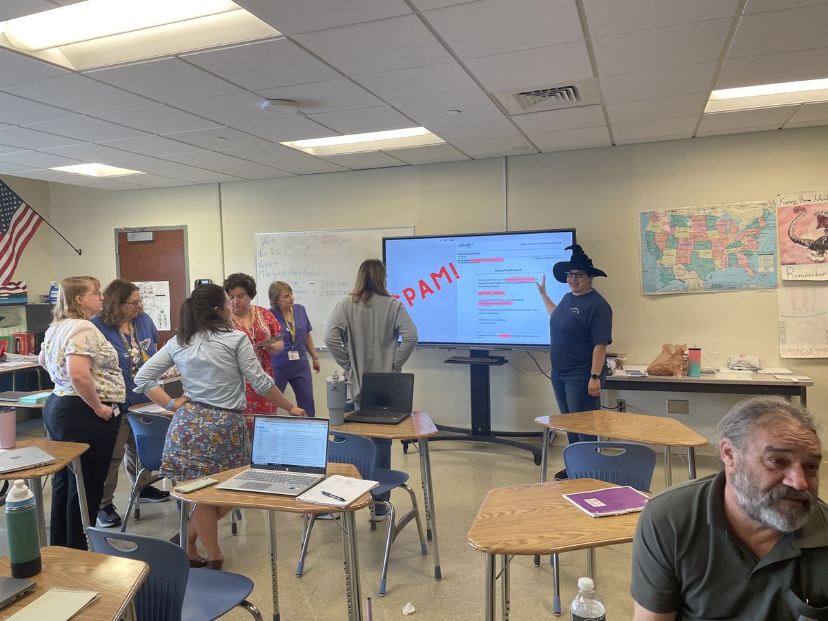 AVTechDirector's tweet image. Assabet staff participated in our first Cybersecurity Summit today. A password protected escape room, spam or Pam email identification game, spot the security issue picture game, and a cybersecurity informational Kahoot! Thanks to the tech team for your hard work organizing!