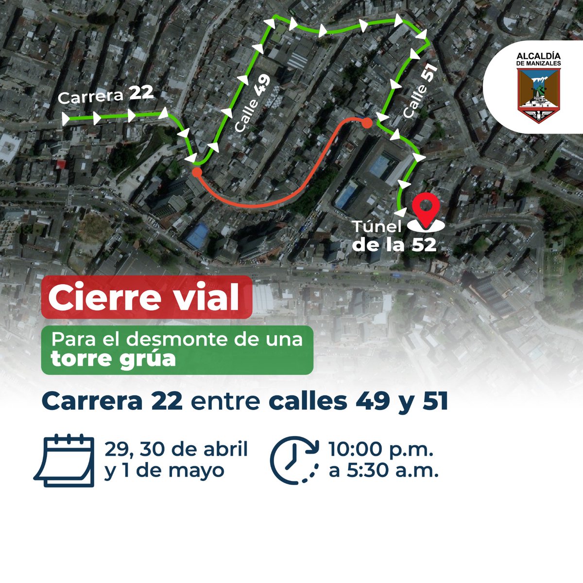 Autorizamos cierre vial en la carrera 22 entre las calles 49 y 51, permitiendo el desmonte de una torre grúa por parte de la constructora del área. El cierre se llevará a cabo desde hoy hasta el próximo miércoles, con horario nocturno para mitigar inconvenientes en la movilidad.