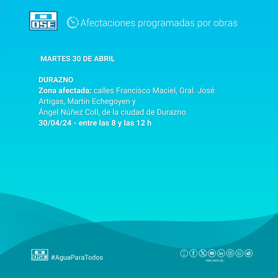 Afectación de suministro programada

📆 Martes 30/4

📍Durazno

📲 0800 1871 | * 1871 gratis desde móviles
#oseuruguay
