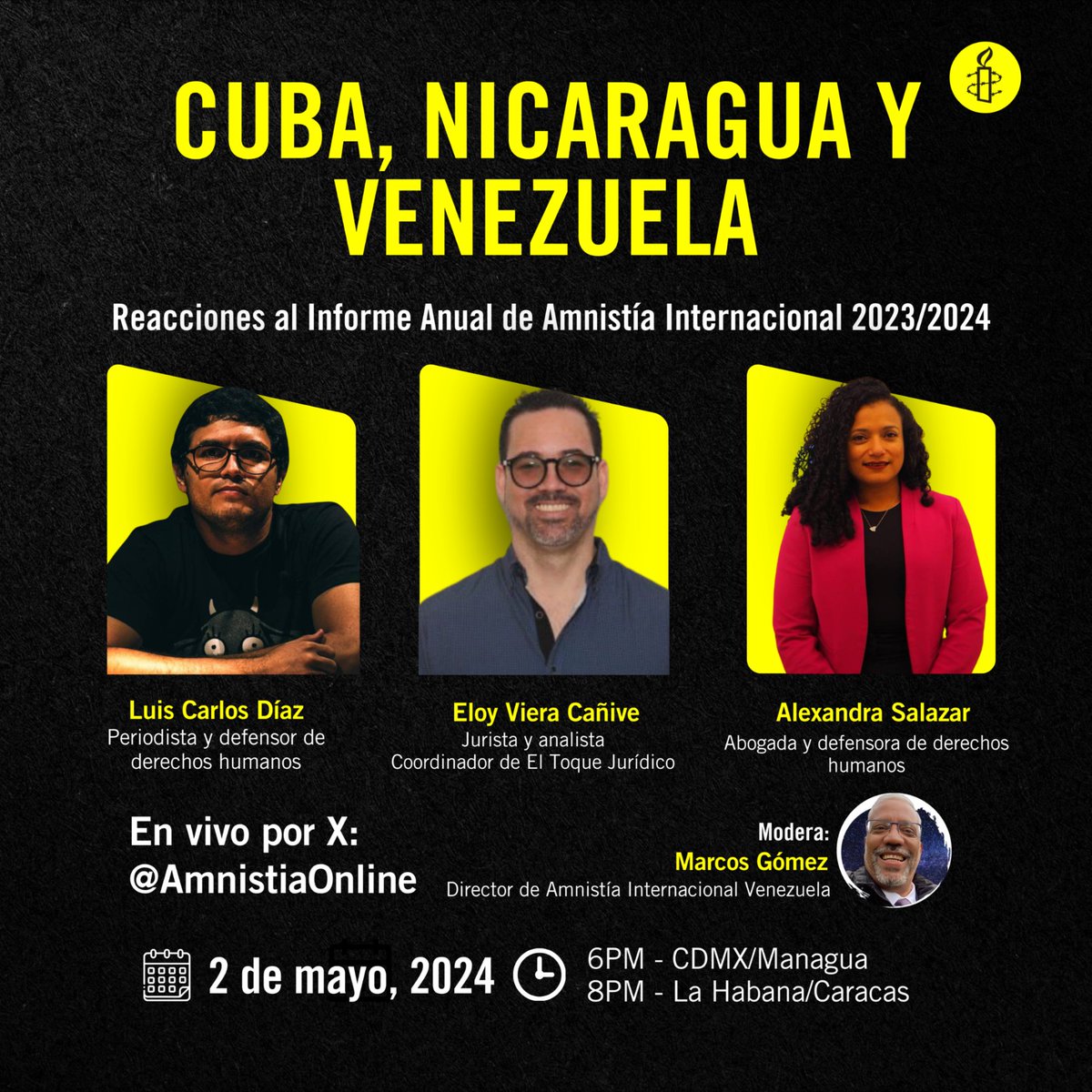 ¡Acompáñanos el jueves 2 de mayo para un panel en vivo sobre las reacciones a nuestro informe anual 2023/2024 con activistas de derechos humanos de #Cuba, #Nicaragua y #Venezuela!