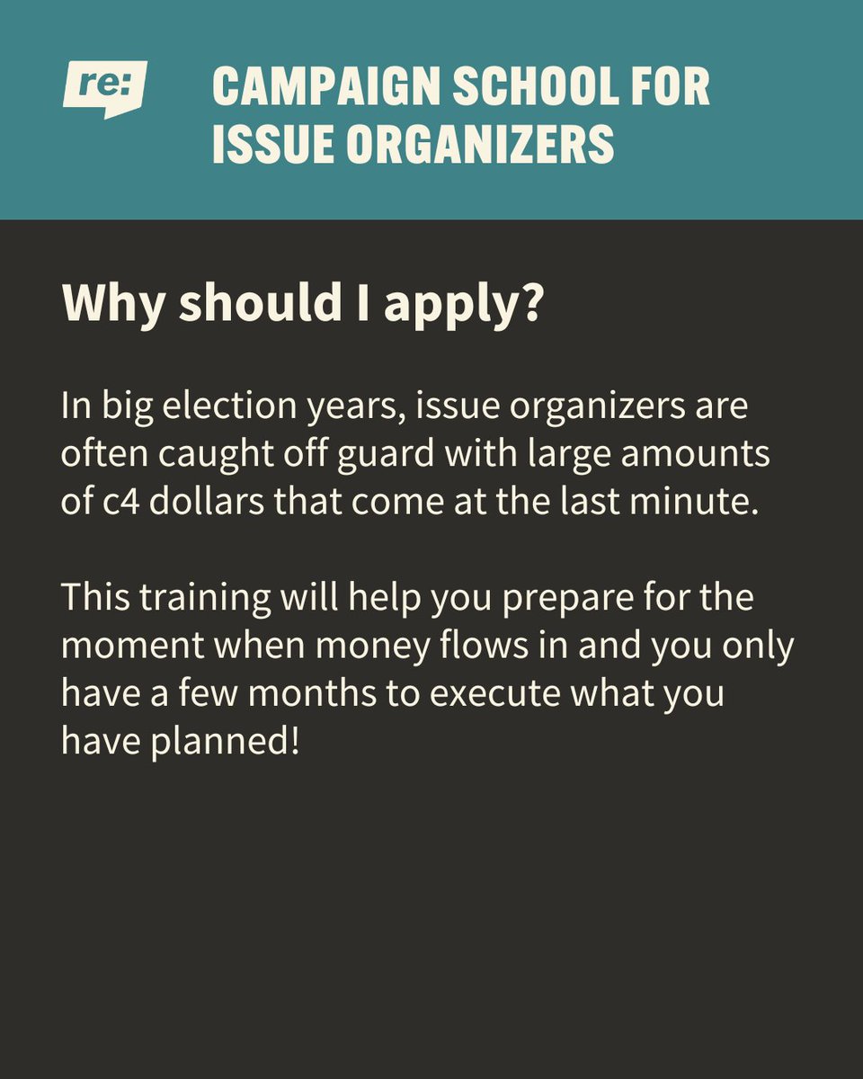 Re:power is bringing back Campaign School for Issue Organizers for the 2nd time this year - this time in person! 

Read more and apply today! bit.ly/3WnuVKq

#repower #reproductivejustice #climateaction #votingrights