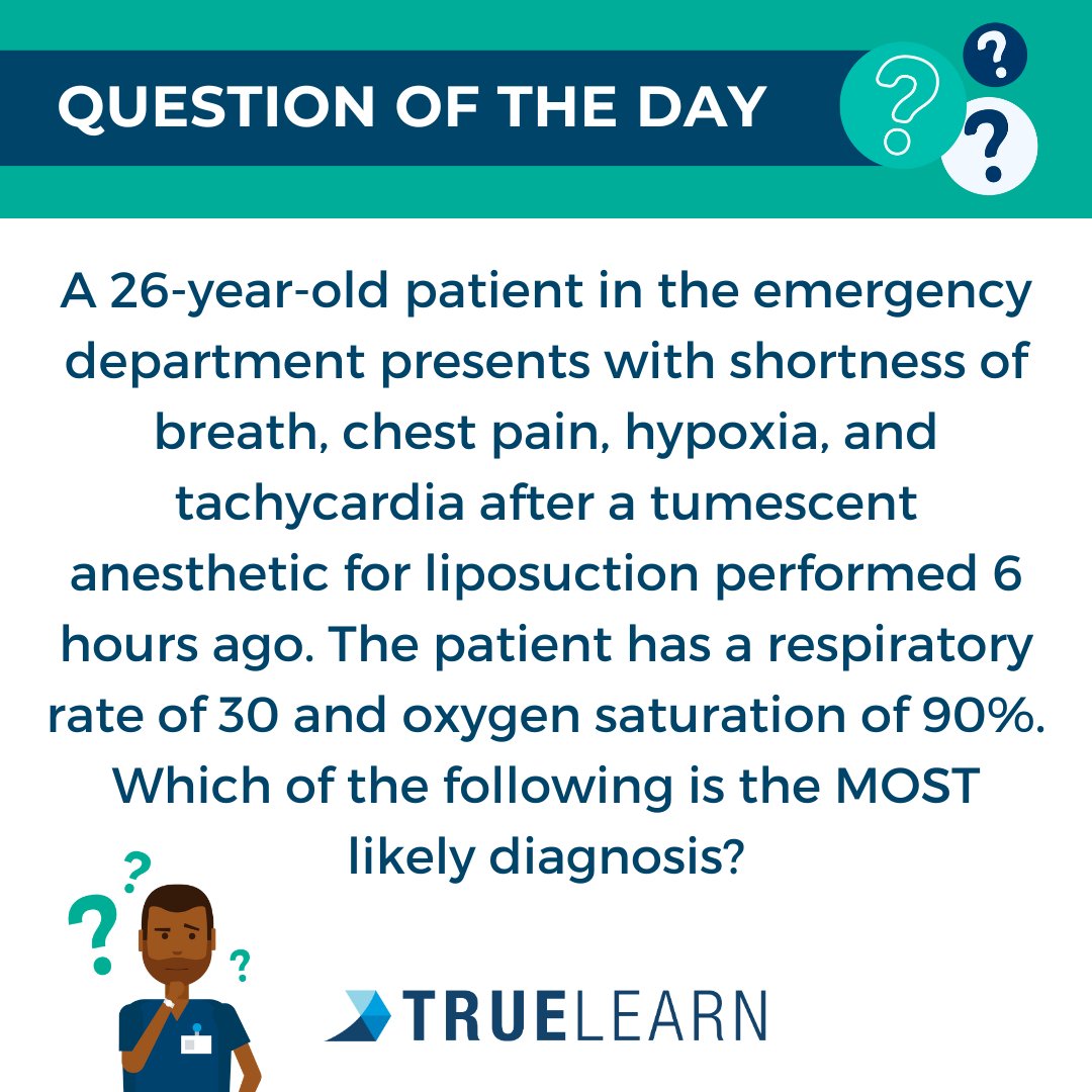 #QOTD

1. Abdominal viscus perforation
2. Local anesthetic toxicity
3. Myocardial infarction
4. Pulmonary thromboembolism

Answer: What is your best guess? Comment below!

#aba #anesthesiology #resident #healthcare #healthcarestudent #study #examprep #truelearn #smartbank
