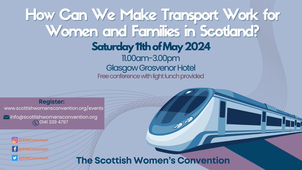 This Saturday we are hosting a conference in Glasgow for women to come along and discuss ‘How Can We Make Transport Work for Women and Families in Scotland?’ ⛴️🚄

There is still plenty of time to sign up below👇
bit.ly/4aKCdvJ

#SWCTransport24 #TransportScotland