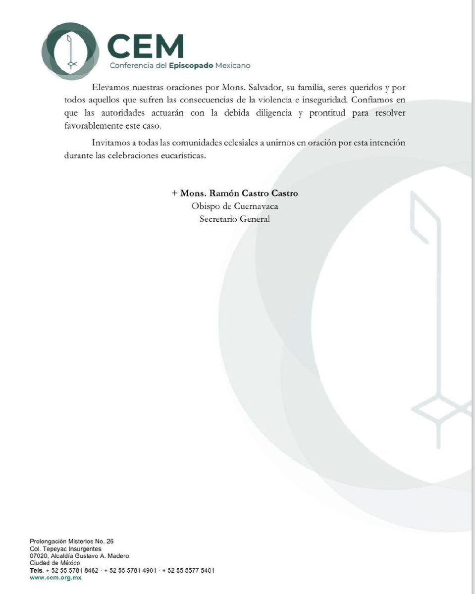 🚨#AlertaADN La Conferencia del Episcopado Mexicano (@IglesiaMexico) informa de la desaparición de Salvador Rangel Mendoza, obispo emérito de la Diócesis de Chilpancingo-Chilapa, #Guerrero, desde el 27 de abril