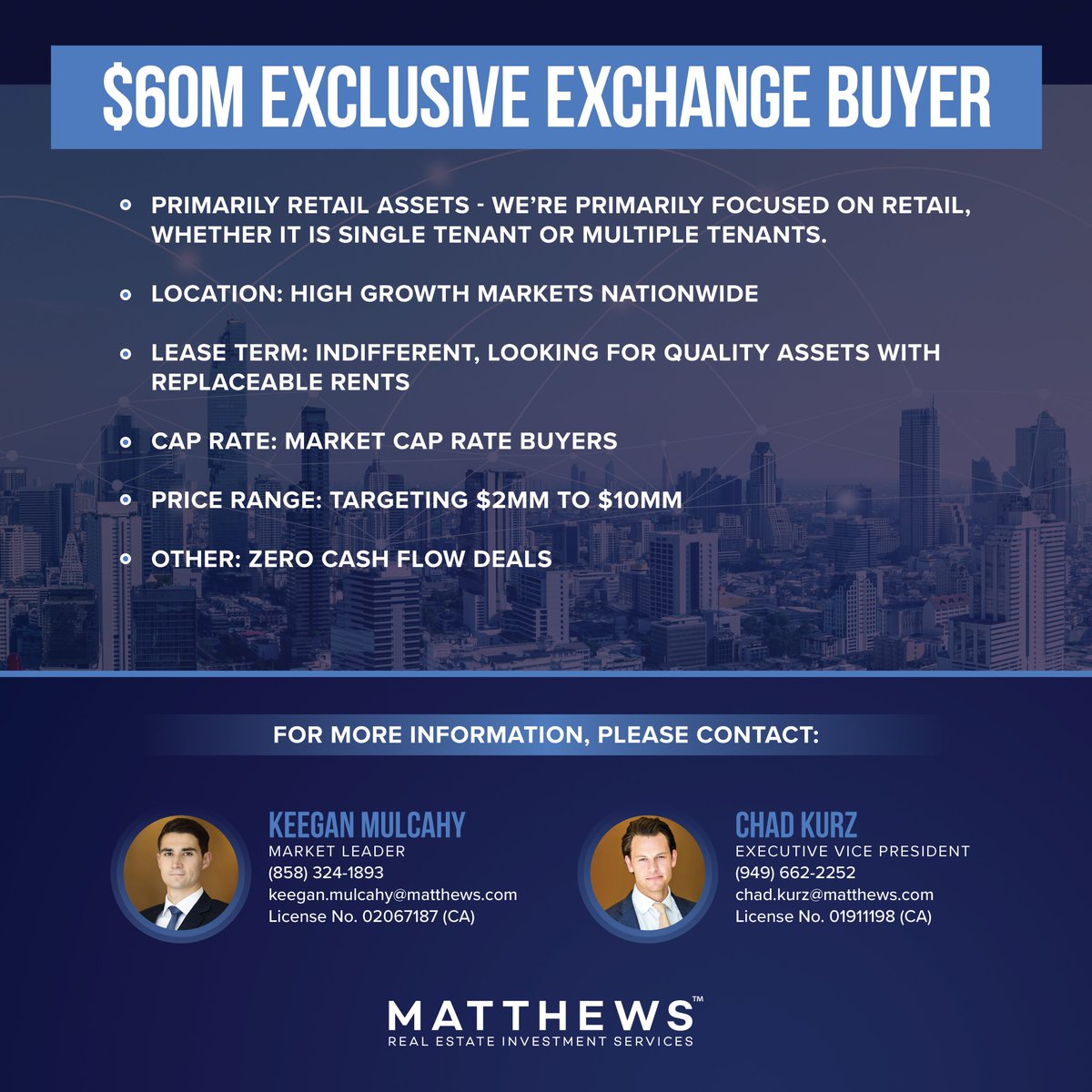 Deal alert 🚨

If your investment matches the criteria below, please reach out to Keegan Mulcahy and Chad Kurz ☎️

#Matthews #CRE #RealEstate #RetailInvestment #InvestmentSales