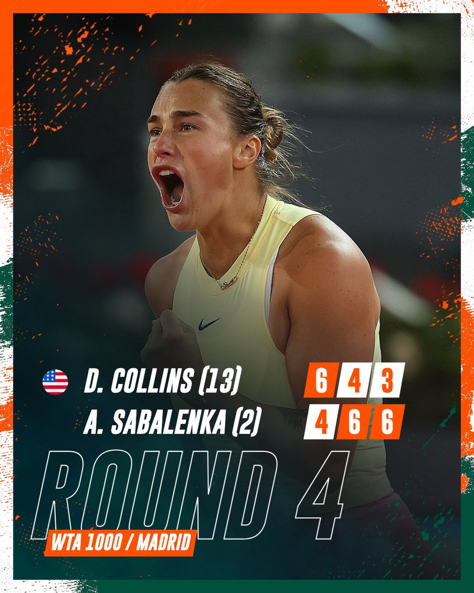 High. Intensity. Tennis 🤯 Aryna Sabalenka snaps Danielle Collins' 15-match win streak and grabs the last ticket for the Madrid quarter-finals 👊 #MMOPEN