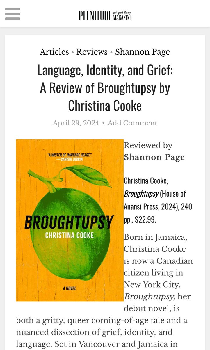 “Cooke’s lush prose is poetic, but clear and restrained enough to maintain the momentum of the main plot, which moves along at a refreshingly brisk pace.” love this review of BROUGHTUPSY out now in @PlenitudeMag: plenitudemagazine.ca/language-ident…