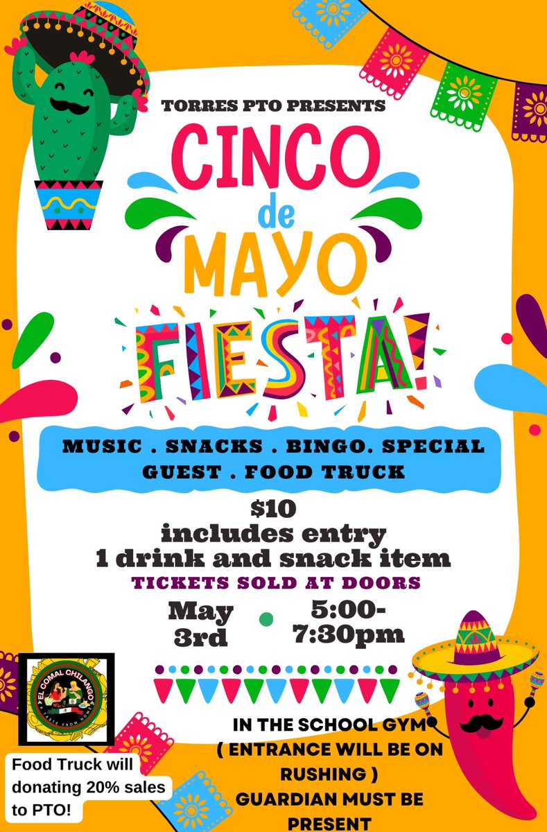 PTO is sponsoring a Cinco de Mayo dance this Friday from 5pm-7:30pm. Hope to see you there.