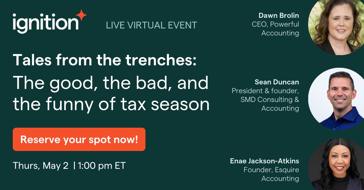 Catch Sean Duncan this THURSDAY for a must-attend @ignitionapp #webinar! #Taxseason is officially over so let's talk about the good, the bad, and the funny with @DawnBrolin, and the one and only @1EsquireCFO! Grab your spot today: ignitionapp.info/3WbTWbr