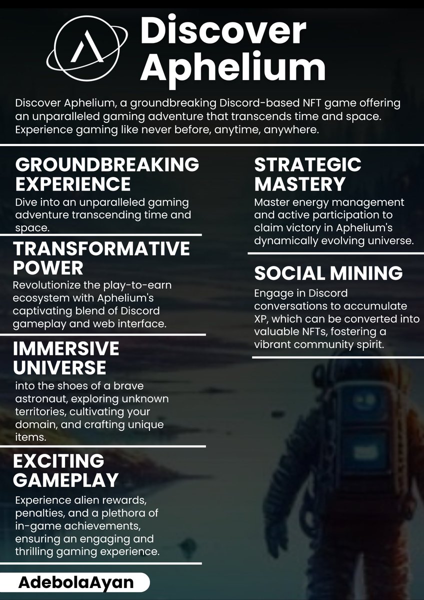 I created an Infographic highlighting some unique features and benefit you can derive from @ApheliumGame. Check out the image below to learn more about @ApheliumGame 👇

#Aphelium #WAXHub #WAXP $WAXP #NFTdrop #NFTGiveaway #NFTCommmunity #GamingCommunity #gaming #Web3 #Crypto