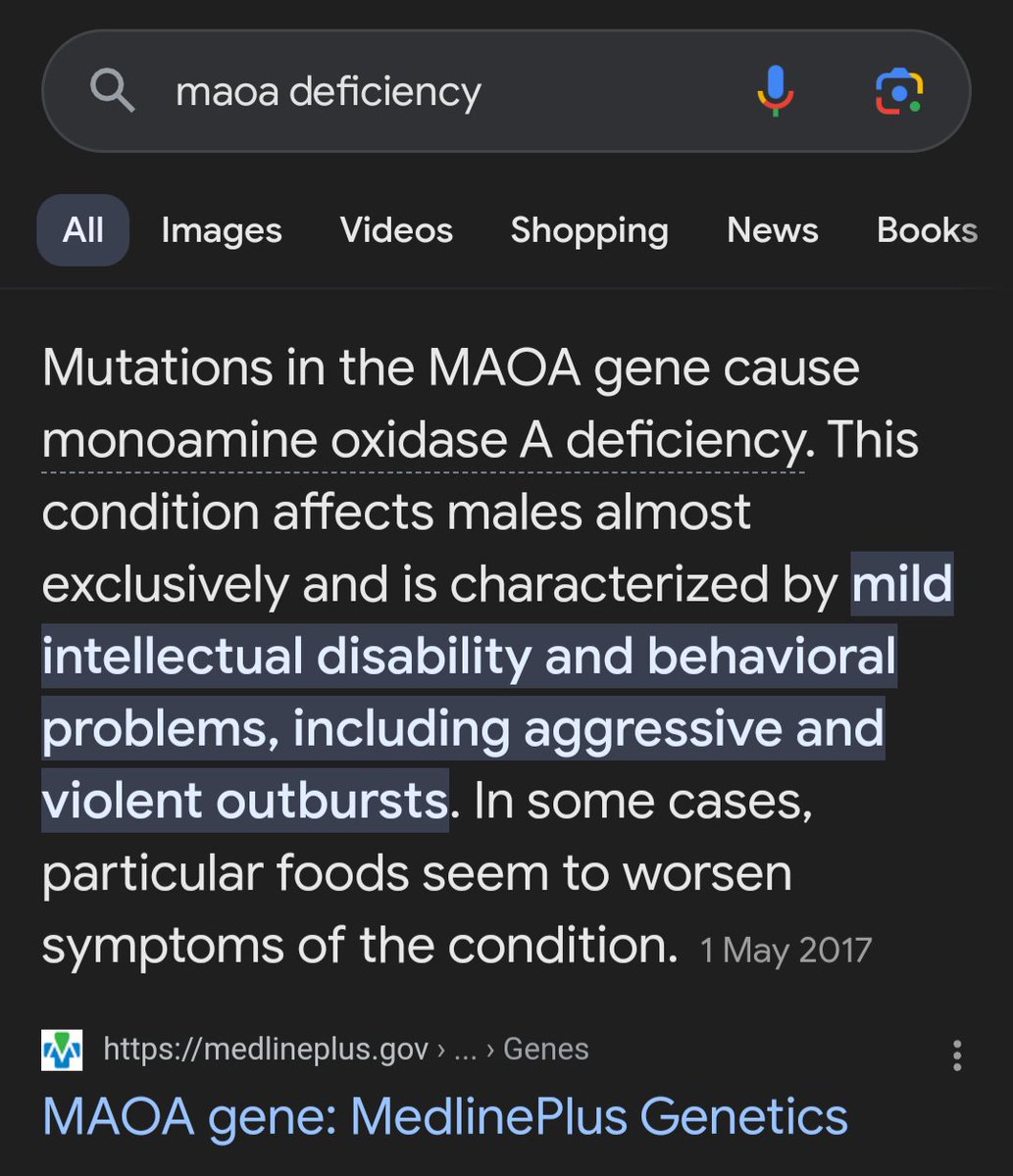 Domestic violence is largely a DNA problem.

Genetics are not the only factor but look into congenital MAOA deficiency #AusPol #ViolenceAgainstWomen