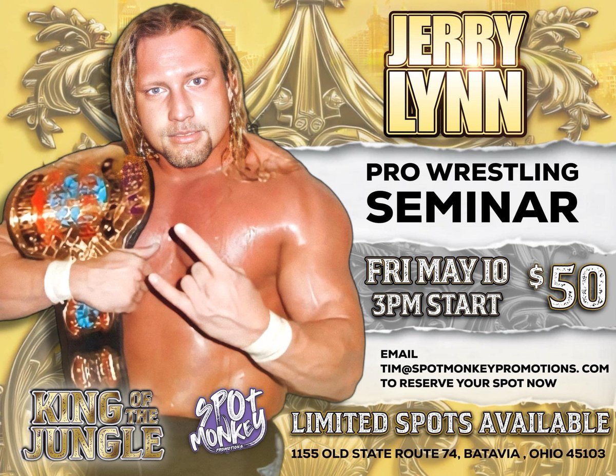 Wrestlers, our friends over at @SpotMonkeyPromo are holding a seminar with former World Champion and current AEW Coach @itsjerrylynn on May 10 in the Cincinnati area! Email for more information or to sign up!