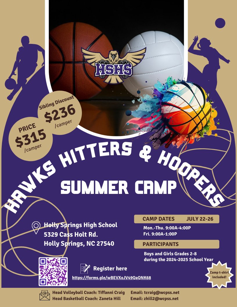It’s almost that time of year again! We are excited to announce our 2024 Hawks Hitters & Hoopers Summer Camp (volleyball and basketball). Camp is open to boys and girls in grades 2-8 and runs from July 22-26. See y’all soon! 🏀🏐 @HSHawksAD @HSHSnews @CraigTiffanni @coachzgr8ness