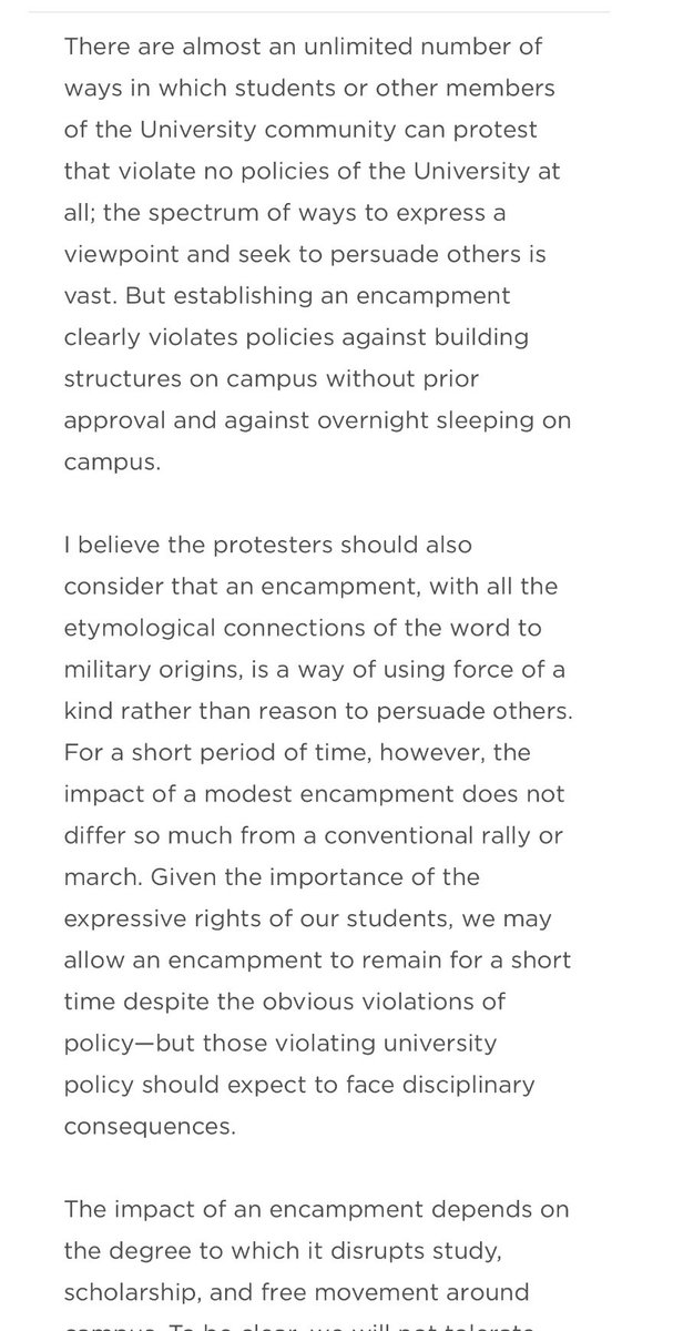 President of the University of Chicago with the best statement yet on the protests: “I believe the protesters should also consider that an encampment, with all the etymological connections of the word to military origins, is a way of using force of a kind rather than reason to…