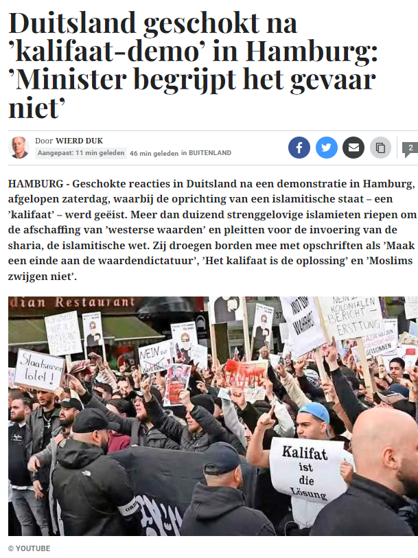 @NOS Nu het toch over de islam gaat... 

Afgelopen zaterdag vond er in #Hamburg een demonstratie van strenggelovige moslims plaats. Ik heb bij de @NOS (inclusief @Nieuwsuur) allerlei nieuws uit Duitsland voorbij zien komen, maar dit nieuws wordt door @CWaaijers & co verzwegen. #bias