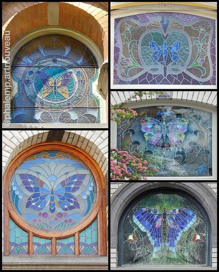 Butterflies stained glass windows in Brussels, Belgium.
