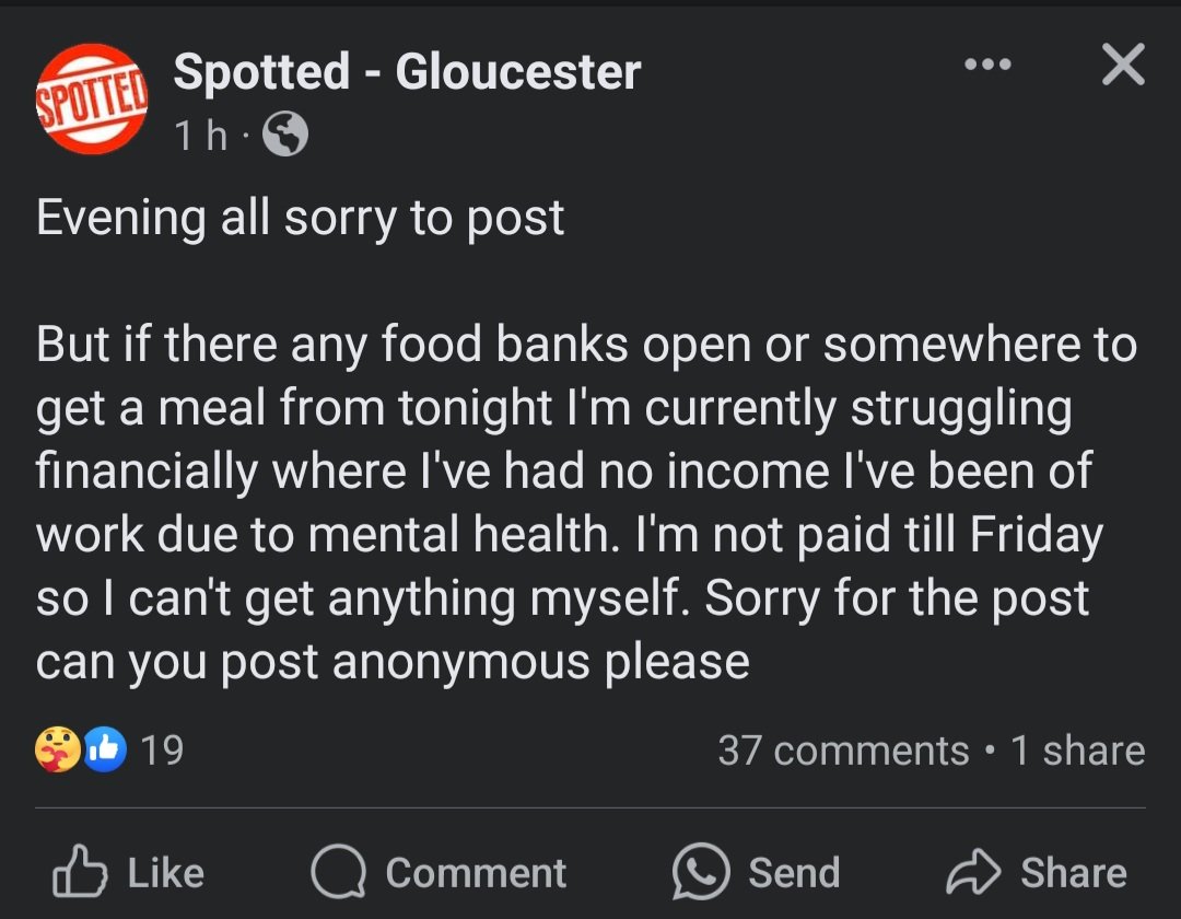 #CostOfLivingCrisis
Here is a typical post I see on Facebook on a daily basis...
It's 2024 and people are literally starving to death
It's not good enough
#voteouttohelpout
#GeneralElectionNow 
#ToriesOut662