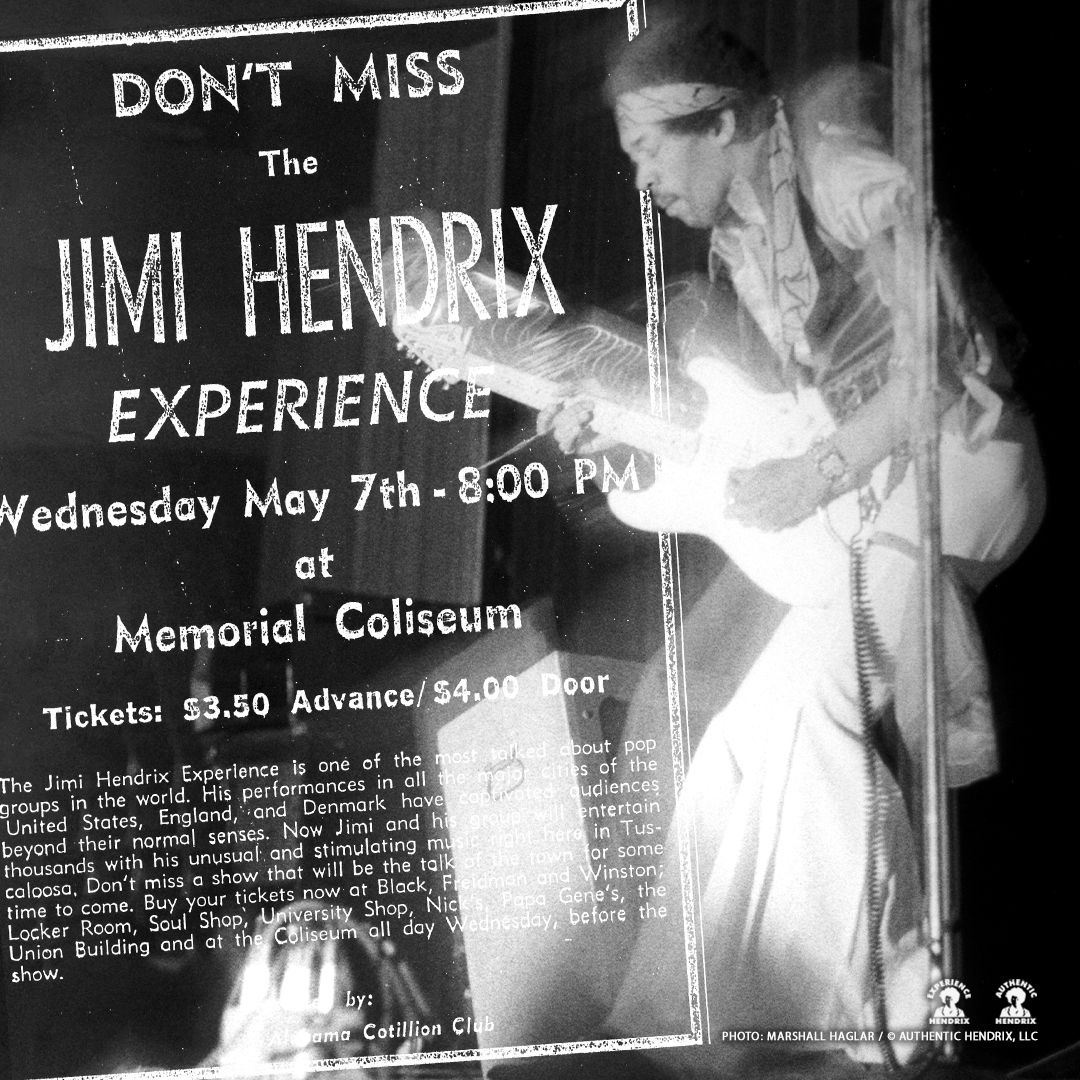 On this day in 1969, The Jimi Hendrix Experience performed at the Memorial Coliseum in Tuscaloosa, Alabama. #TheJimiHendrixExperience #JimiHendrix #Hendrix #Jimi #Concert #Alabama #Tuscaloosa