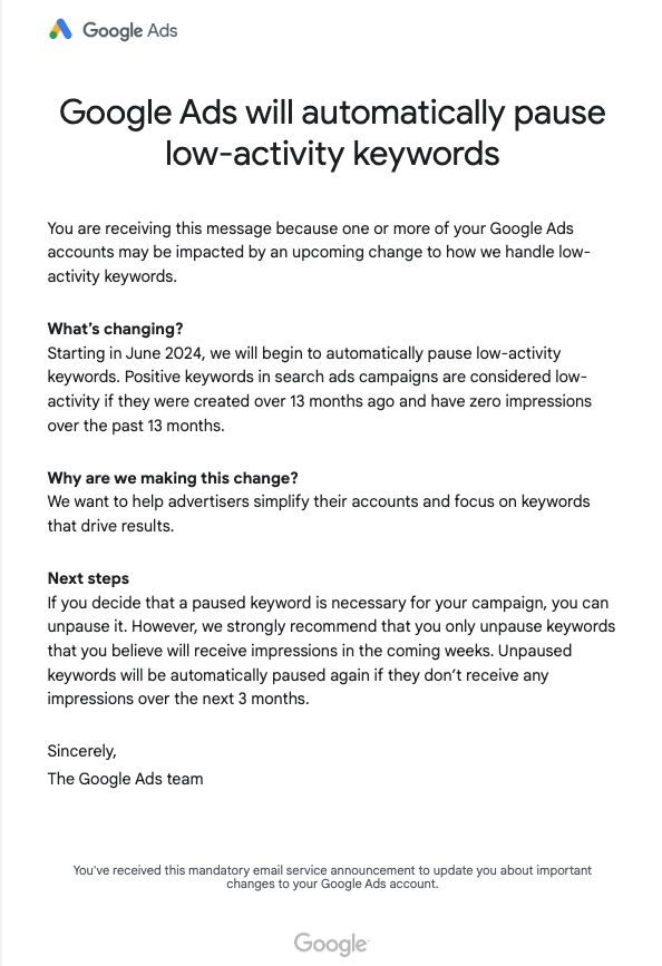 Google Ads Will Now Automatically Pause Low Activity Keywords. Wild. #PPCchat