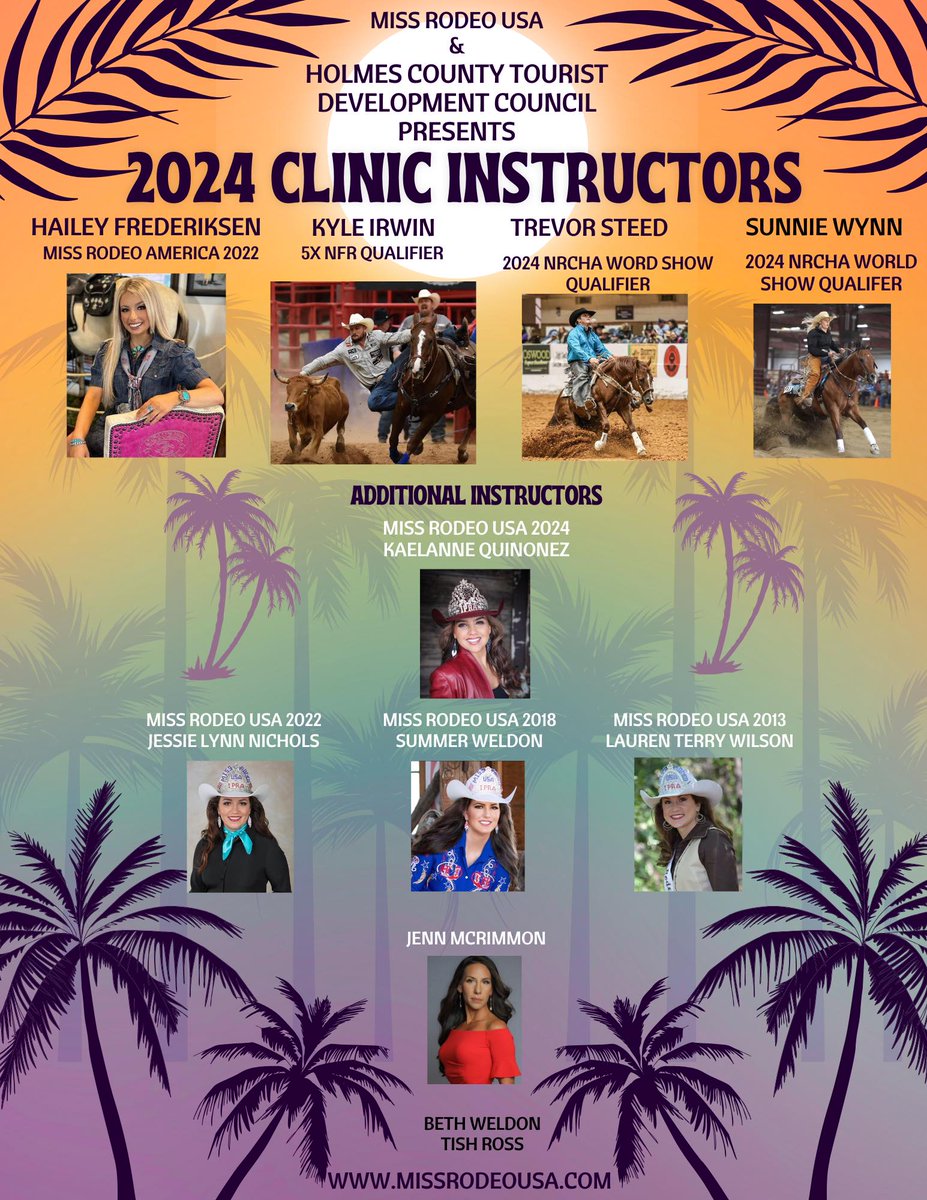 .@MissRodeoUSA @JessieLynnJL Miss Rodeo USA is with Holmes County Chamber of Commerce. Check out the amazing instructors listed below! When: May 31-June 2 Where: Ponce de Leon, FLORIDA-just 45 minutes from beautiful Panama City Beach Brought to you by Holmes County Tourist