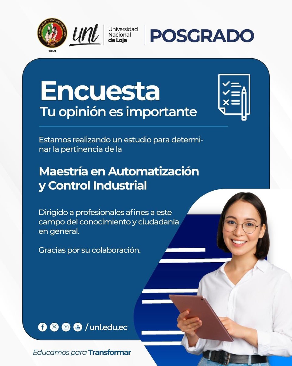 ✅ Estamos llevando a cabo una encuesta para determinar la pertinencia de la Maestría en Automatización y Control Industrial. 📚

🤖 Queremos asegurarnos de que esta especialización sea relevante y cumpla con tus expectativas.

Ingresa aquí: lc.cx/Zesxa1