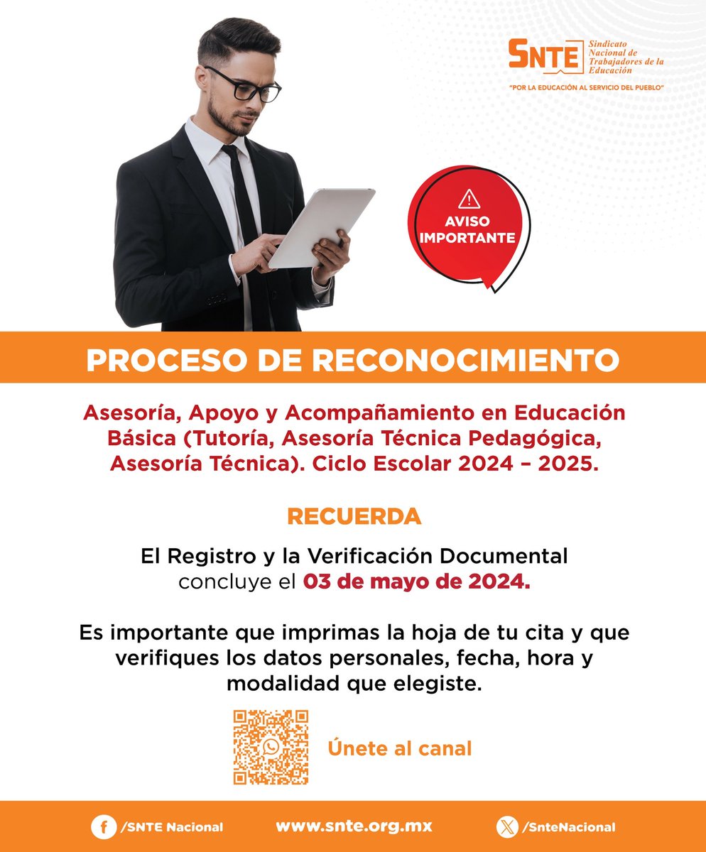 ‼️Aviso Importante ‼️

Proceso de Reconocimiento 2024-2025 🎓 Asesoría y Acompañamiento en Educación Básica. 📘
 
🗓️ Recuerda que el Registro es hasta el  #3deMayo de 2024.

 ¡No olvides imprimir tu cita y verificar tus datos! 🖨️
