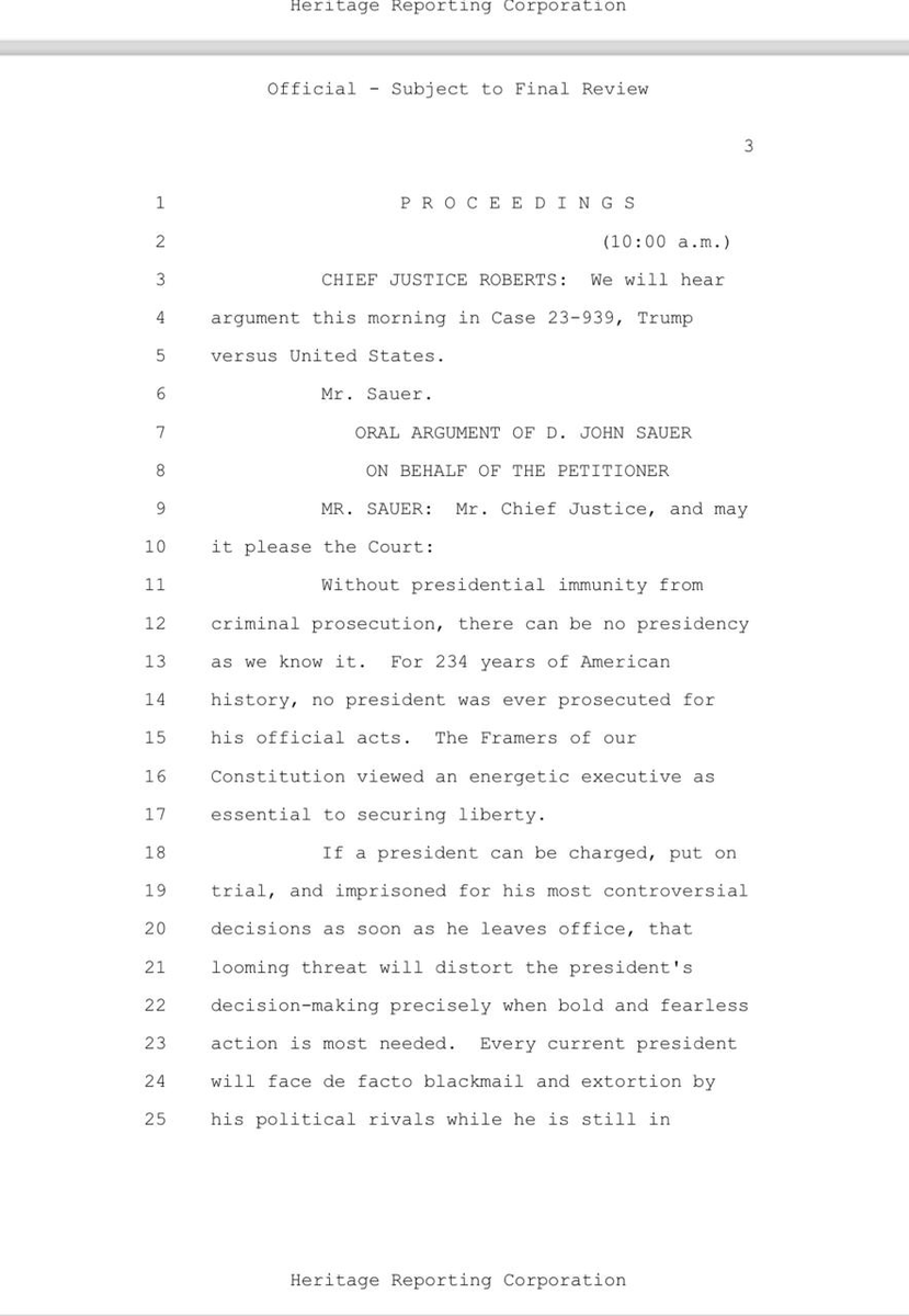 soutojc's tweet photo. "Without presidential immunity from criminal prosecution, there can be no presidency
as we know it. For 234 years of American history, no president was ever prosecuted for his official acts. The Framers of our Constitution viewed an energetic executive as essential to securing liberty."

"Sem imunidade presidencial para processo criminal, a presidência como conhecemos deixaria de existir. Em 234 anos da história americana, nenhum presidente foi processado pelos seus atos oficiais. Os redatores da nossa Constituição consideraram um Poder Executivo forte como essencial para garantir a liberdade."

John Sauer, advogado de Donald Trump. Primeiro parágrafo da “sustentação oral” (em verdade, como tenho dito desde 2008, é um "misto" de sustenção e arguição oral) perante a Suprema Corte, 25 de abril de 2024.

Souto to Sauer:

Prezado John, “nem tanto ao mar, nem tanto a terra”. Sim, tem que existir algum dispositivo protegendo o presidente de processo criminal no exercício do cargo, aliás como existe no Brasil. Essa proteção, entretanto, não é escudo para cometer qualquer tipo de crime e não ser processado, como lamentavelmente você defende.

Seu argumento é histórico, e, em linhas transversas, parece com o do Chief Justice Roger Taney, em 1857; lembra?