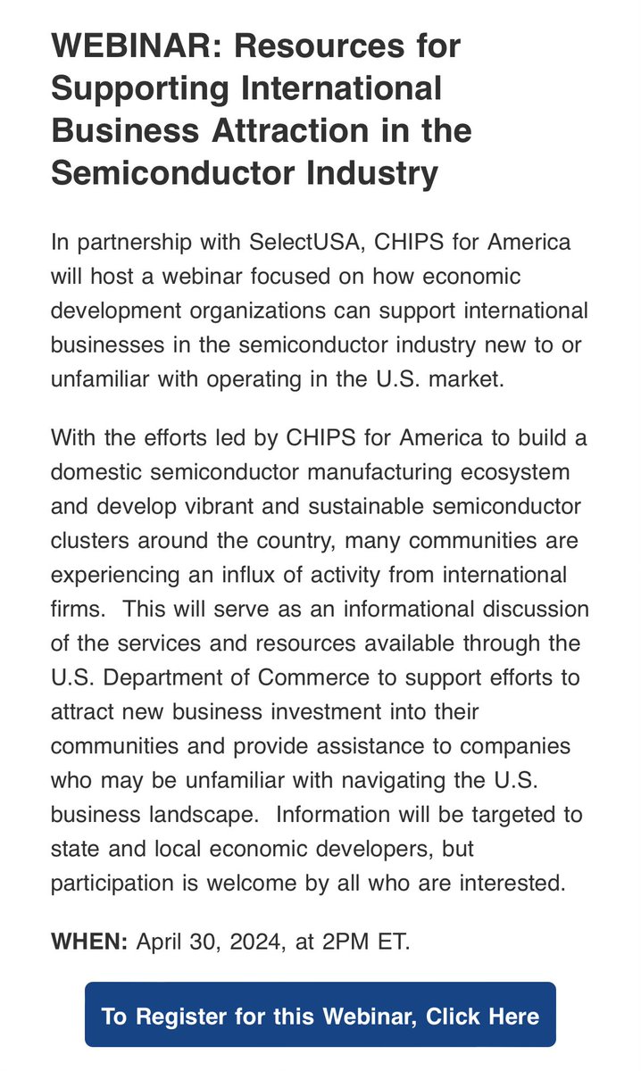 On April 30, CHIPS and SelectUSA will host a webinar on how economic development organizations can support international firms looking to establish US sites lnks.gd/l/eyJhbGciOiJI…