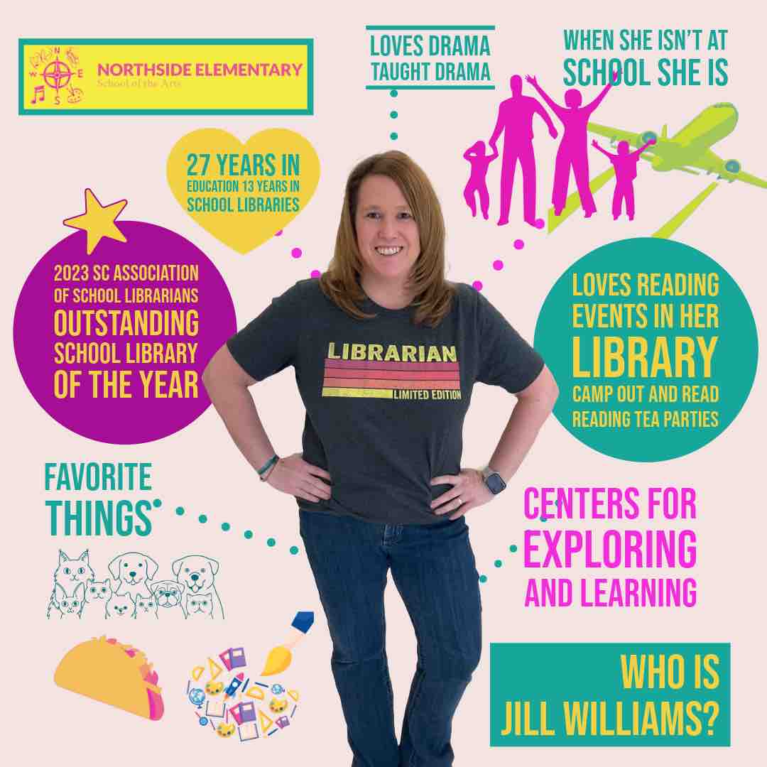 Jill Williams is in the school librarian spotlight with 27 years in education. She has served as our Lead Librarian for elementary schools & was awarded the 2023 Outstanding School Library Program of the Year by @SCASLNet! @northside_of @RockHillSchools @aasl #SchoolLibraryMonth