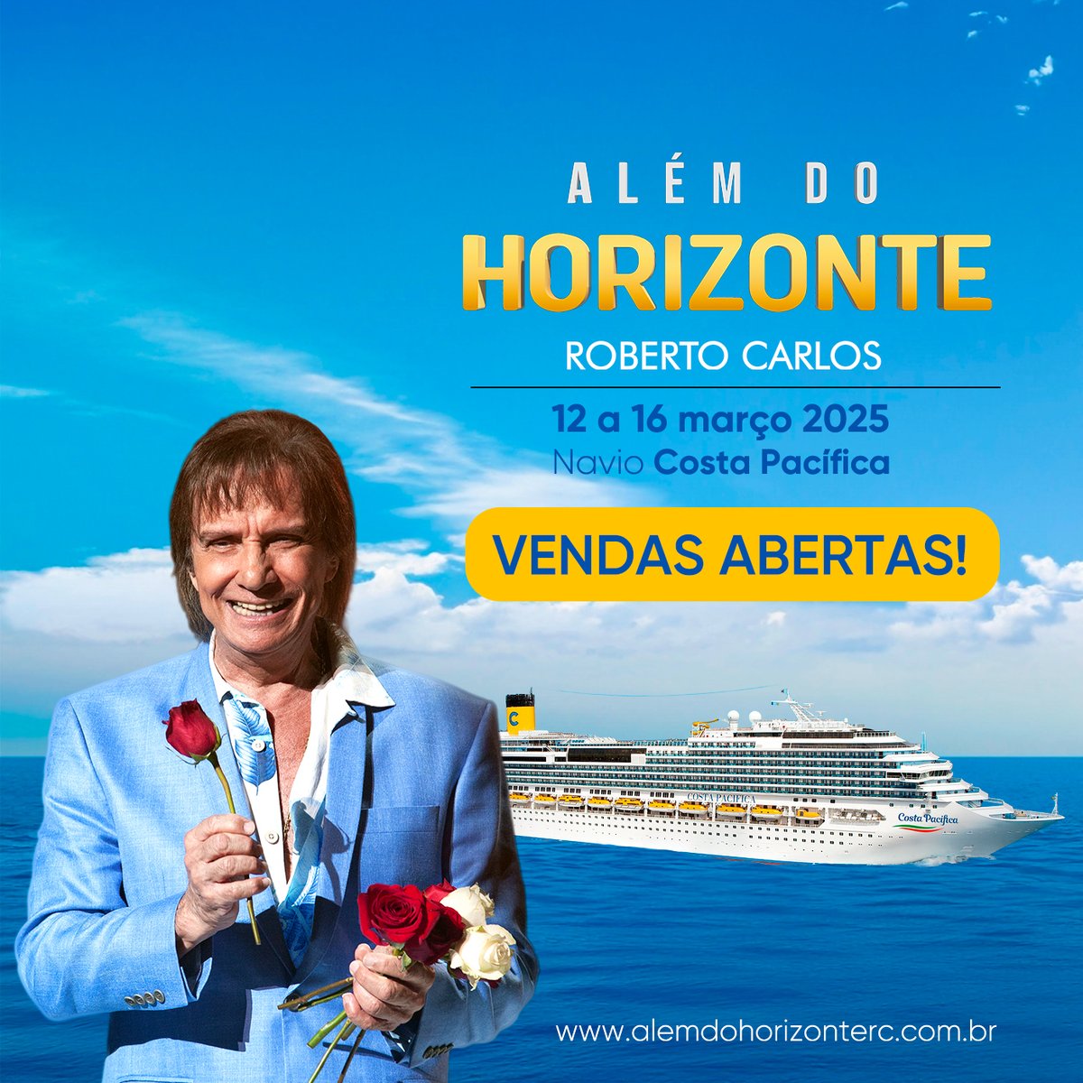 Além do Horizonte Roberto Carlos é uma experiência que trará 🎶alegria e felicidade com certeza🎶 E você, vem comigo? Visite nosso site oficial e reserve sua cabine alemdohorizonterc.com.br #alemdohorizonterc #robertocarlos 🛳